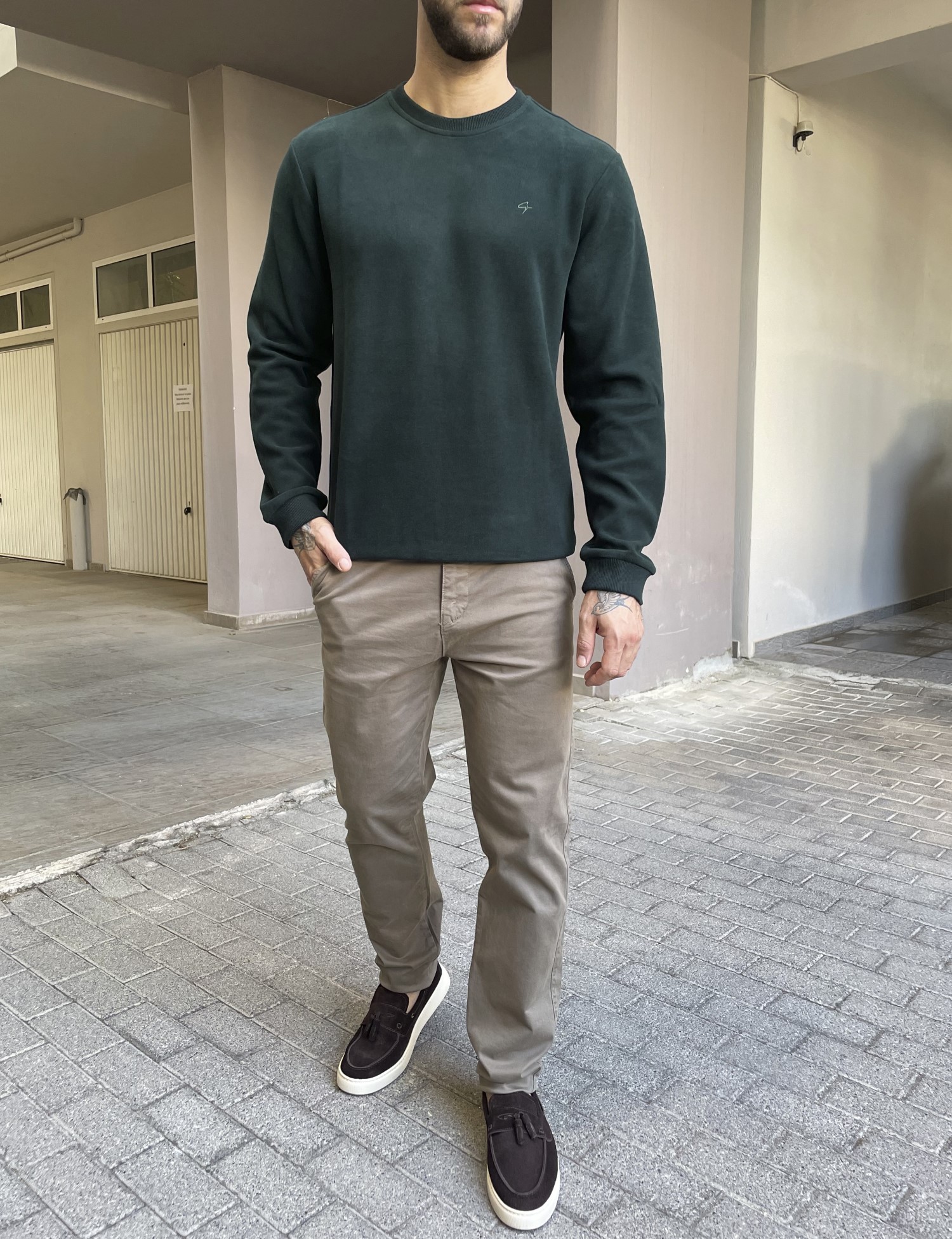 Ανδρική κυπαρισσί πλεκτή βαμβακερή μακρυμάνικη μπλούζα plus size 2308D φωτογραφία